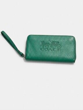 COACH Green Pebble Leather Zip Around Wallet With Wrist Strap